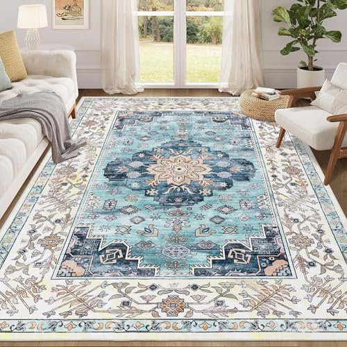 Enyhom Boho Großer Teppich, 160 x 230cm rutschfest Waschbar Bodenteppich Hochwertiger Weich Wohnzimmerteppich Robuste Kurzflor Flächenteppiche für Schlafzimmer Küche Esszimmer, Türkis