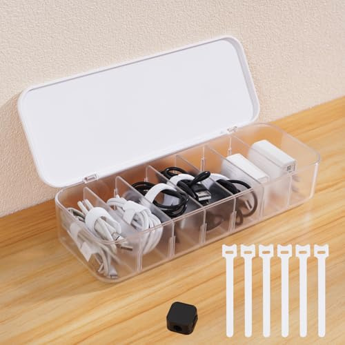 HYYTOK Caja Organizadora de Cables con 7 Correas y 6 Clips Magnéticos, Caja de Gestión de Cables con Tapa y Divisores para Oficina y Hogar – Blanca