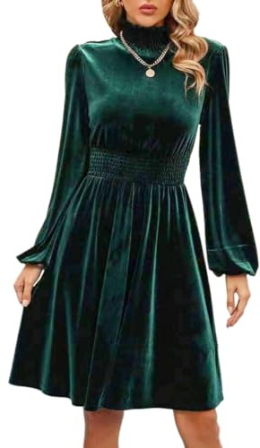 Hanaoops Women Velvet Dress Long Sleeve Waist Swing Midi Dresses High Waist Cocktail Party Club Evening Bodycon Short Dress Retro Pleated Knee Length A Line Wedding Guest Ball Gowns Dresses Green