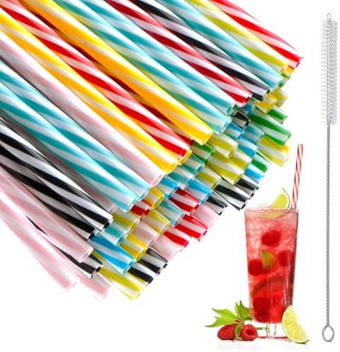 YADOBIG 80 Stück Wiederverwendbare Strohhalme, 23cm Verdickte Strohhalme Plastik, Trinkhalme Plastik mit Strohhalmbürste, Plastic Straws für Smoothies, Saft, Cocktail, Heißgetränk