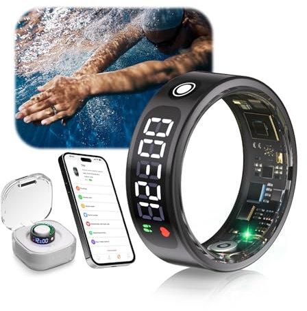 IUHFSIFS Anello intelligente 2025 con schermo a LED. Tecnologia 5,3 + EDR – 0,1% ± errore: impermeabile 5 ATM. Anello per uomini e donne per monitorare sonno, frequenza cardiaca, ossigeno nel sangue