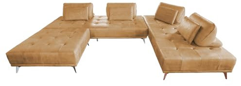 KAWOLA Luxuriöse Ecksofa WIOLO - Wohnlandschaft aus samtigem Leder mit Hocker, Velvet Sofa Design, Cognac