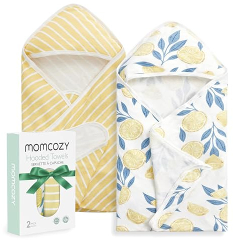 Momcozy Kapuzenbabybadetuch 2er-Pack | Baby Badetuch mit Kapuze & Baumwoll-Frotteestoff | Groß 90x90 cm (35 Zoll) | Badetuch-Set für Jungen/Mädchen von Neugeborenen bis Kleinkind,Zitronenblätter