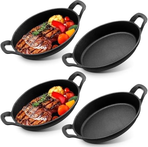4 Stück Mini Gusseisen Servierpfännchen mit 2 Griffen, 21×15 cm Kleine Gusspfanne, Servierpfanne Gusseisen Grillpfannen für Ofen, Induktion, Backen, Braten & Küche