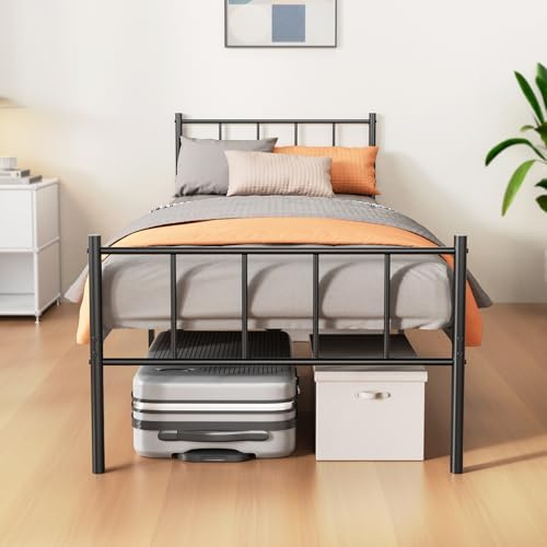 KUTAS Lit 90 x 200 cm, Cadre de lit avec tête de lit, Hauteur de 36 cm avec 32 cm d’Espace de Rangement, 14 rangées de Lattes métalliques, Facile à Monter, Silencieux, Pas de sommier nécessaire, Noir