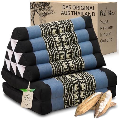 livasia Thai cushion with 2 seat rests - 47x20x3.1″ - Triangle cushion with seat cushion, Wedge cushion, kapok, Back support cushion, folding, Thai mat, folding, Hand made (Blue/Elephants)