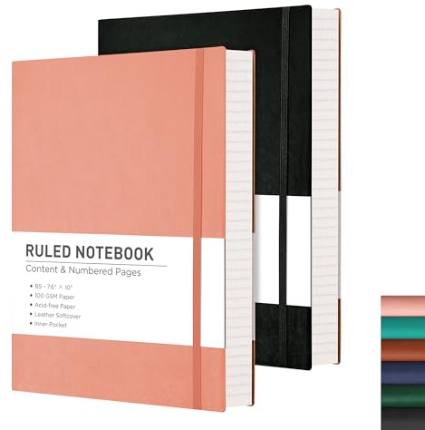 RETTACY B5 College Ruled Notebook 2 Pack - Softcover Composition Notebooks 408 Numbered Pages for Writing, 100gsm Lined Paper, for Women Men Work School, 19 x 25 cm - Black Pink