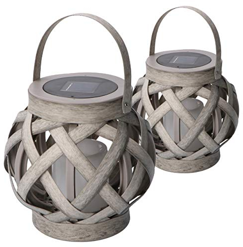 proventa® Dekorative LED Solar Tisch- und Hängeleuchte in Rattan Optik, 2 Stück, inkl. LED Kerze, mit Flammeneffekt, Höhe 15,5 cm, für Außen, IP44