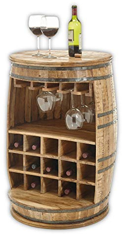 Stella Trading FIASKO Vintage Barile per vino Bar in legno massiccio Mango – Elegante armadietto da bar con ripiano, porta bicchieri e scomparti per bottiglie – 58 x 91 x 58 cm (larghezza x altezza x