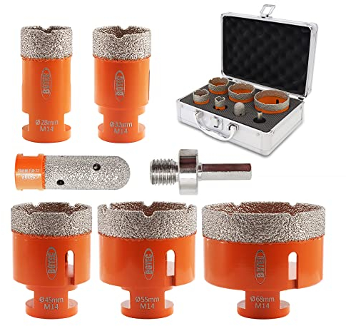 Punte per Trapano Diamantate BGTEC - 7 pezzi 20/32/45/55/68mm & Fresa 20mm & Adattatori per Porcellana Granito Piastrella Marmo, Filettatura M14
