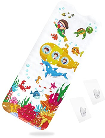 Akriva Kinder-Badewannenmatte, rutschfest, antimikrobiell und maschinenwaschbar, BPA-frei, schimmelresistent, mit 2 Haken zur Aufhängung (100 x 40 cm, U-Boot Design)