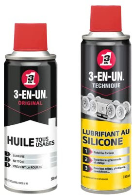Lot 3-EN-UN, Huile Tous Usages Aérosol 200ml + Lubrifiant Silicone Aérosol 250ml