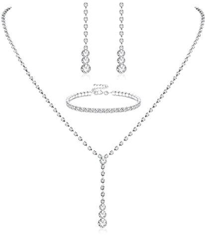 Diamday Kristall Brautschmuck Set Braut Hochzeit Halskette Ohrringe Set Strass Silber Schmuck Set Silber Braut Choker für Frauen und Mädchen