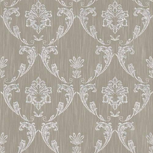 Carta da parati barocca Profhome 306583-GU Carta da parati tessile strutturata in stile barocco lucida argento marrone 5,33 m2