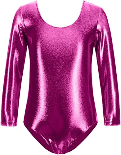 FUREINSTORE Maglia da danza danza balletto palestra body classico lucido elastico per ragazze a maniche lunghe girocollo per ballerina (fucsia, 6 anni)