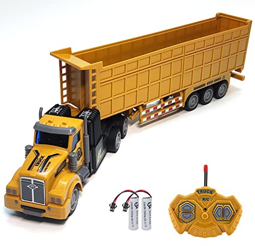 RC Dump Truck with Trailer - 14 1:48 Mini Semi Truck Toy with 2 Rechargeable Batteries, Remote Control Car Construction Vehicles with Lights, Engineering Tractor Toy for 3 4 5 Years Kids Boys Girls