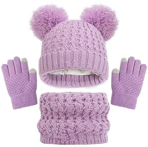 Baynetin Kinder Wintermütze Schal Handschuhe Mädchen Set,Winter Beanie Hut, Schal, Handschuhe Set, Warme Beanie Hut Jungen Touchscreen Handschuhe Runder Schal für Kinder 2-8 Jahre (Lila)
