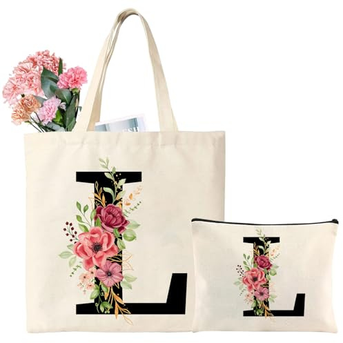 Tarklanda Iniziali Borsa Tote in Tela, Lettere Tote Bag con Tasca, Borsa Tela Cotone con Iniziali, Regali per Donna, Amica, Damigella d'onore, Regalo di Compleanno, Anniversari, Matrimonio (L)