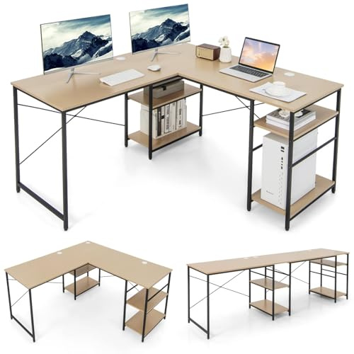 COSTWAY Skrivbord, L-form, vändbart hörnskrivbord med 4 hyllor, hörnbord med 3 kabelhål, speldatorbord, skrivbord för hemmakontor, 151 x 151 x 75 cm, natur