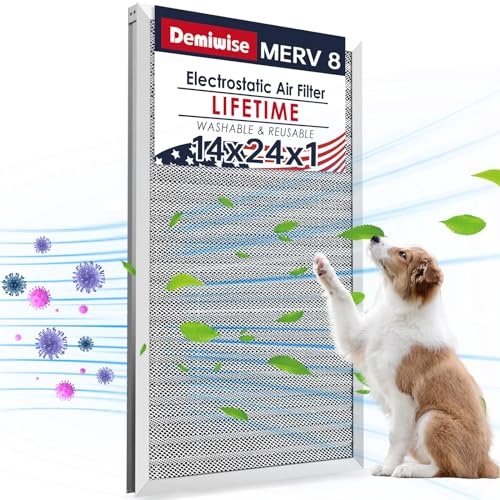 Demiwise 14 x 24 x 1 elektrostatiskt luftfilter, 8 stegs tvättbart aluminium AC/HVAC ugnsfilter, återanvändbart permanent luftfilter, håller hela livet, lätt att installera, hälsosammare hem