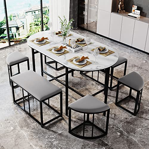 I0I&I0I Exklusiv matgrupp-set | Modern design | Inkluderar matbord, 4 små pallar och 2 stora pallar | stabil stålram | marmorutseende bordsskiva | kan belastas upp till 120 kg (svart)