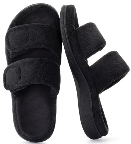 RockDove Womens Dual Strap Arch Support Adjustable Slide Slipper with Featherlight Coral Fleece Indoor Outdoor Non Slip Rubber Sole Gift Idea, Size 9-10 US Women, Black
