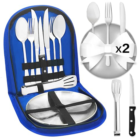 Cynrikah Set di Stoviglie da Campeggio per 2 Persone, 11PCS Set di Posate da Campeggio in Acciaio Inox Posate Portatili con Cucchiaio Forchetta Coltello Piastra Clip per Campeggio Picnic(Blu)