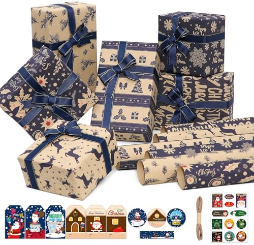 Larcenciel Carta Regalo Natale Kraft, 6 Fogli Carta da Regalo Blu + Etichette Regalo + Adesivi + Corda per Imballaggio, Carta da Pacchi Regalo Vintage con Fiocchi Neve, Alci e Foglie Pino, 70x50CM