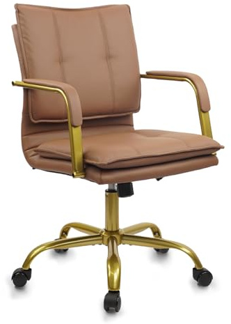 CLATINA Schreibtischstuhl Bürostuhl höhenverstellbar Exekutivstuhl mit gepolsterten Armlehnen Drehbarer Computerdrehstuhl mittlere Rückenlehne Goldbeinen Arbeitsstuhl mit Rollen, Braun