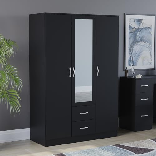 Vida Designs Riano 3 Door Mirrored Wardrobe | Black | Bedroom Furniture | 170H x 115.4W x 53D cm | with Shelf & Hanging Rail | Large Capacity Storage
