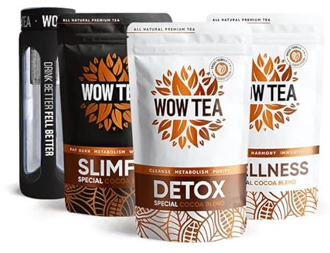 WOW TEA: Pack Cacao Fit - SlimFit, Tè al cacao disintossicante e benessere + Bottiglia da tè con colino nero, 450 g