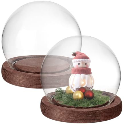 PH PandaHall 2pcs Glass Display Dome Cloche Round Dome Cover with Wooden Base Clear Glass Globe Bell Jar Display Case for Christmas Snow Globe Home Flower Plants Crafts Decor 9.8x8.3cm