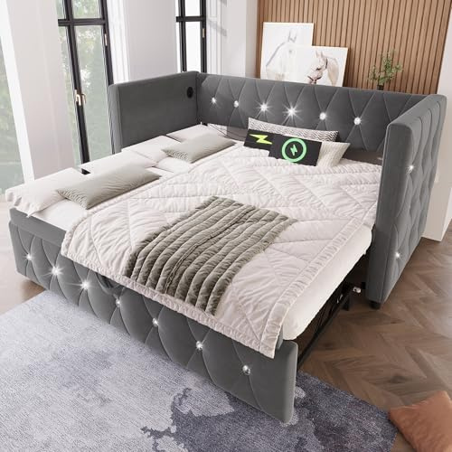 Jtyca Daybed, Trundle Bed, Upholstered Single Bed with Pull Out Bed, Sofa Bed with USB-Type C-Charging Sations, Pull Out Trundle for Living Room and Bedroom, 90 x 190 cm, Velvet, Grey, (No Mattress)