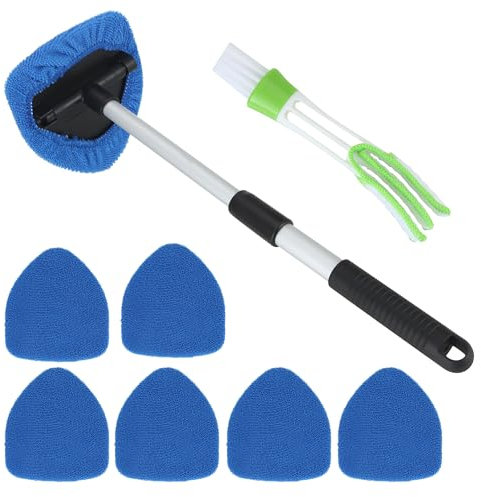 BUCOMTU Detergente per parabrezza auto, detergente per interni parabrezza auto, girevole a 180 gradi e retrattile, con 6 cuscinetti in microfibra e spazzola per aria condizionata