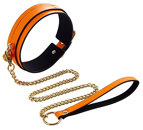 WOL VEE Collier en cuir pour hommes et femmes, cache-cou avec cloche, collier lumineux avec chaîne de traction, accessoires de mode B160 (orange)