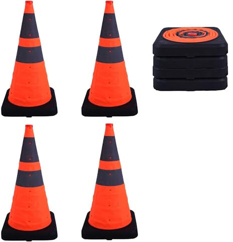 [Confezione da 4] ZincOrange Coni Stradali Retrattili 28''/70 cm, Base Pesante, Coni da Parcheggio con Collare Riflettente per Parcheggi, Vialetti, Allenamento Sportivo e Guida