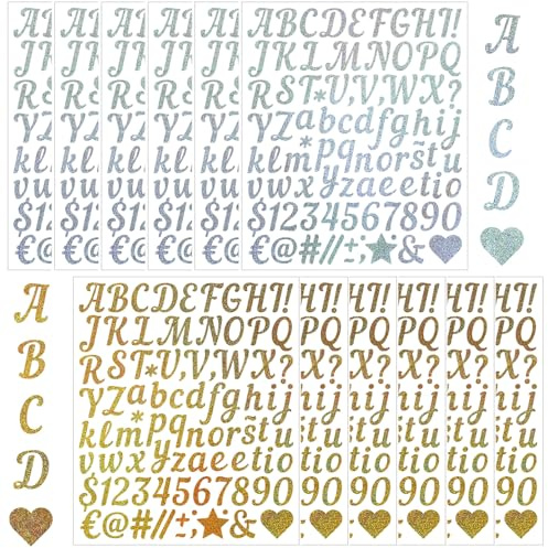 Guyode 12 Piezas Letras Adhesivas con Purpurina, Letras y Numeros Pegatinas Reutilizables, Pegatinas de Alfabeto Autoadhesivas Impermeables para Decoraciones Buzón Tarjetas Felicitación Hechas Mano