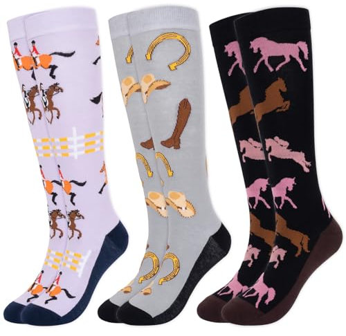 YYSWSAKY Chaussettes d'équitation, 3 paires de chaussettes d'équitation à carreaux pour femmes et filles, mi-bas pour amoureux des chevaux, chaussettes d'équitation pour femmes, tailles 39-42