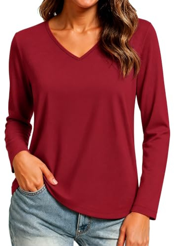 Wayleb Tee Shirt Femme Manches Longues Haut Col en V Casual Top Basique Léger Automne Hiver T-Shirt Blouse, Rouge M
