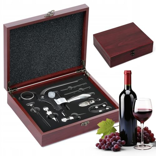 Korkenzieher Wein Set, Korkenzieher Set mit Griff aus Zinklegierung, Sommelier Set, Deluxe Weinöffner Zubehör 9 Teilen mit Dunklem Kirschholz Kasten, Weinflaschenöffner Geschenkidee für Weinliebhaber