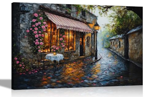 Artley Prints - Cobble Road Village Cafe Roses Framed Canvas Wall Art Prints For Home Office Living Room Conservatory Pictures Extra Large 101 x 76cm (40 x 30 inches)