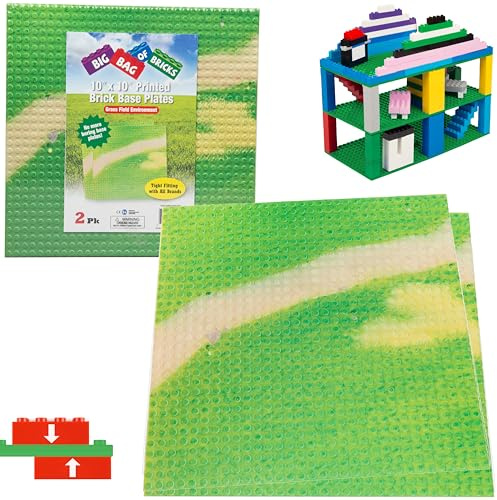 Grassy Field Terrain Baseplates for Building Bricks- Set of 2 Large 10x10 Building Plates-Compatible w All Major Brands-Great for Activity Tables & STEM Learning Toy- Kids Easter Basket Stuffer Gift