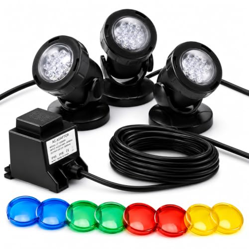 Set of 3 Jebao 12v LED Underwater Pond Lighting with Colour Lenses x 12 | IP68 waterproof LED pond lights for underwater or outdoor garden lighting.