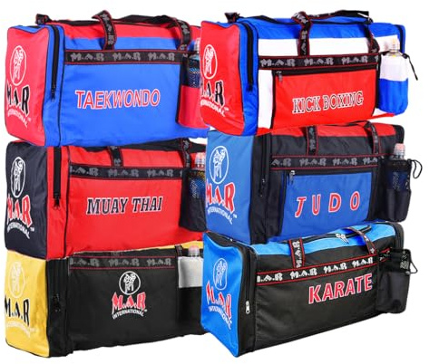 MAR | Sports Duffle Gym Bag (All in One) Unique Bottle Holder, Muay-Thai Style Multi-Compartment Holdall, Fitness Kitbag for Martial Arts, Thai Boxing, Unisex Equipment Carry Bag - Red & Black Kit Bag