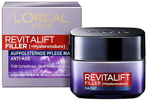 L'Oréal Paris Nachtpflege, Revitalift Filler, Anti-Aging Gesichtspflege, Anti-Falten und Volumen, Hyaluronsäure-Konzentrat, 2 x 50 ml