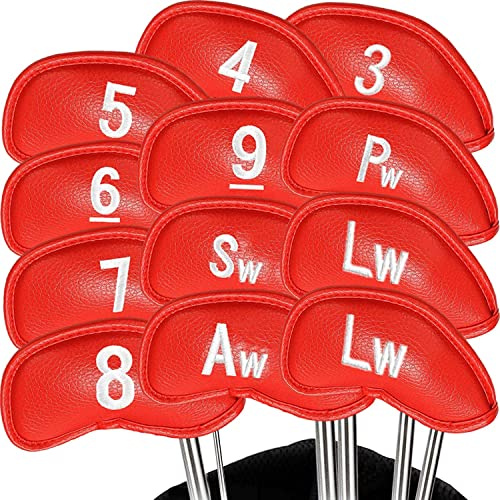 Couvre Club De Golf Fer Capuchon Protege Housse Protection Cache Cuir SynthÉTique Valeur Lot de 12 Coupe, Cover Club De Golf Fers Headcover Set avec Numéro Imprimées Unilatérale (Red)