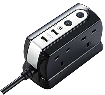 Masterplug Heavy Duty Four Socket Surge Protected Extension Lead with 2 USB Ports, 2 Metre, Black