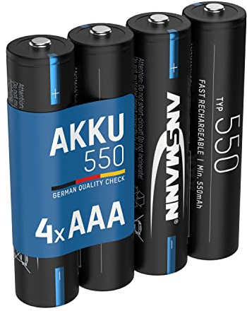 ANSMANN Akku Micro AAA, 550 mAh NI-MH 1,2V, 4 Stück, wiederaufladbar, geringe Selbstentladung, ideal für Fernbedienung, Fernsteuerung, Wanduhr, Spielzeug