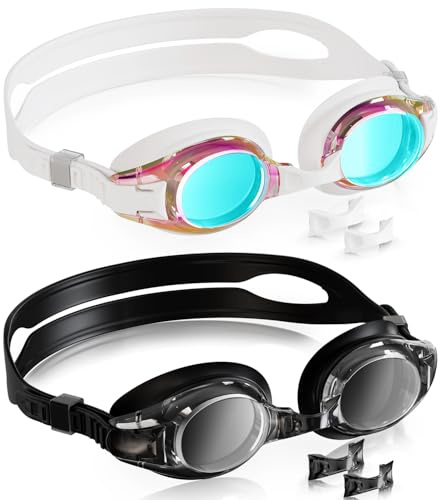 Aegend 2 Pack Kids Goggles, Swimming Goggles for Kids Age 4-16 Boys and Girls Youth, Anti-Fog Pool Goggles, Black & Crisp White
