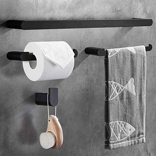 Wopeite Bad Handtuchhalter Set 4 Pcs, Handtuchhalter zum Bohren 40CM, Badezimmer Zubehör Set Aluminium, Handtuch Halterung Handtuchring Toilettenpapierhalter Handtuchhaken für Badzubehör, Schwarz